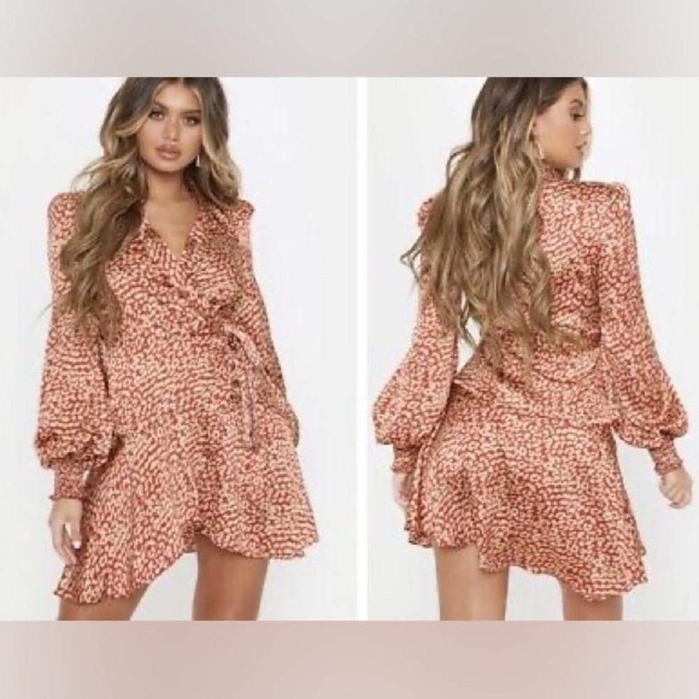 Pretty little things Red satin leopard print wrap, frill  dress Size 10